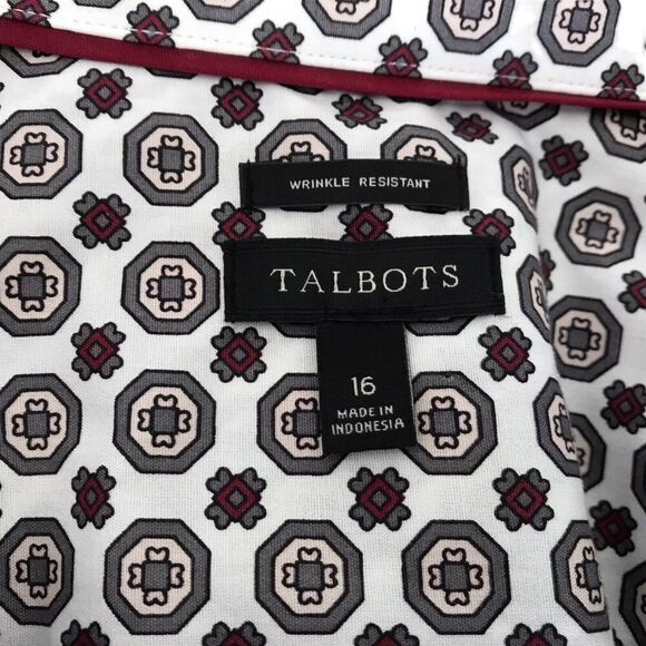 Talbots Shirt Size 16 White Geo Pattern Button Up Wrinkle Resistent Long Sleeve - Picture 7 of 9